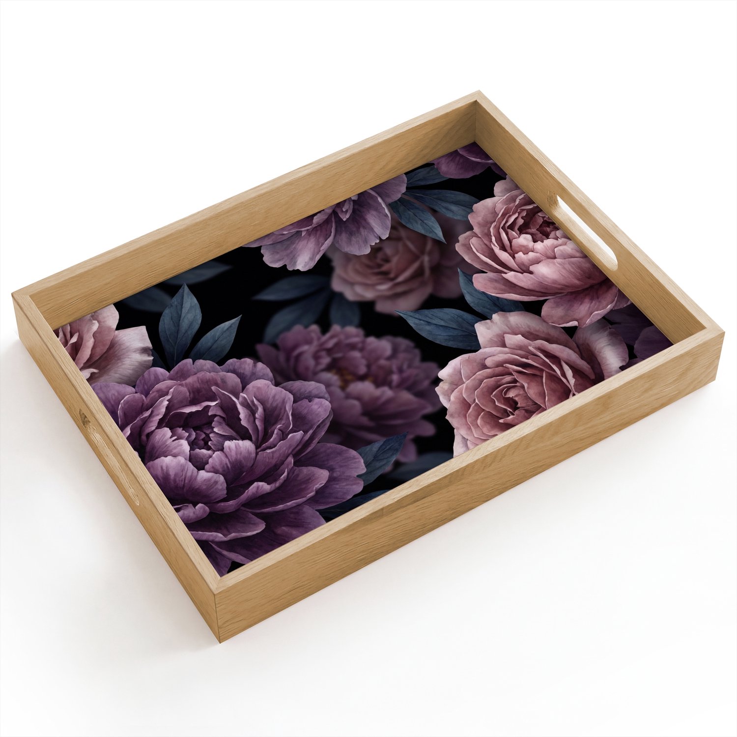 Dienblad hout 40x30 cm - Schootdienblad - Bloemen - Patroon - Donker - Botanisch - Paars - Borrelplank rechthoek - Plateau dienbladen