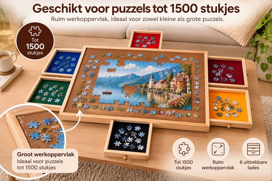 Houten puzzelbord voor 1500 stukjes met 6 lades en een puzzel van een dorp aan een meer.