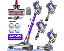 Elekiatech Steelstofzuiger- 46000Pa - 50 Minuten Gebruikstijd - 8 Kegel Filtersysteem Steelstofzuiger Draadloos - 1,5 L Stofbak - 2200 mAh Accu - voor Tapijten en Harde Vloere - Paars
