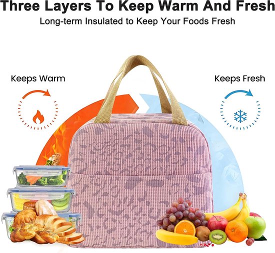 Lunchtas - koeltas voor dames - klein - roze luipaardprint - geïsoleerd - met voorvak — afbeelding 5