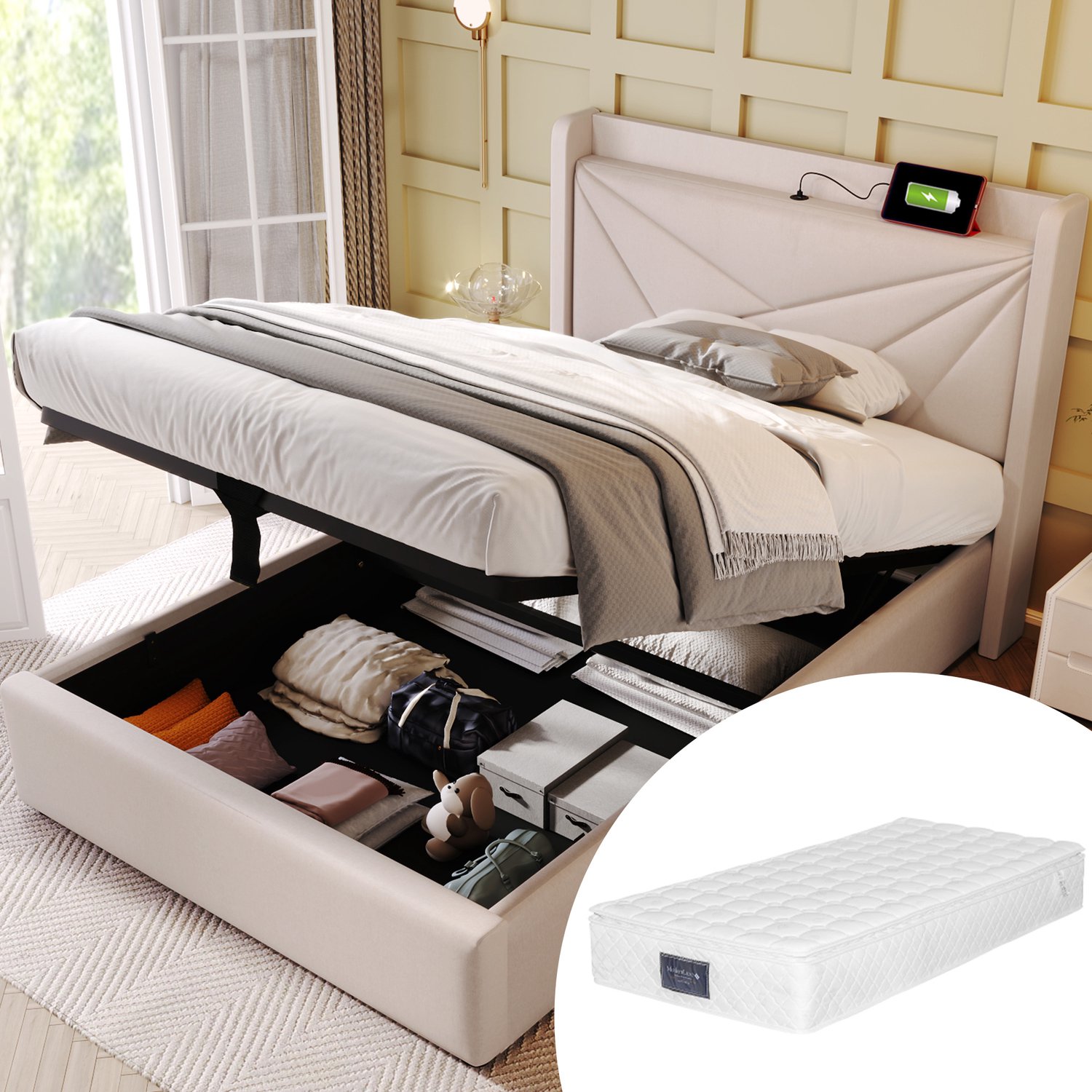 Vovtenza Gestoffeerd bed - eenpersoonsbed met opbergruimte - bedbox met USB Type-C oplaadfunctie - hoofdbord - bedden met opbergruimte - bedframe van linnen - kinderbed 90x200 met lattenbodem (inclusief matras) Beige