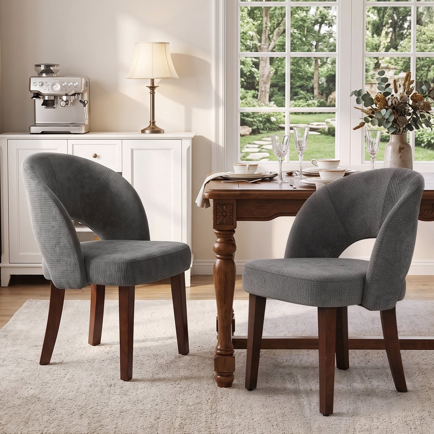 Puluomis Eetkamerstoelen - Set Van 2 - Chenille stof - Massief houten poten - Grijs