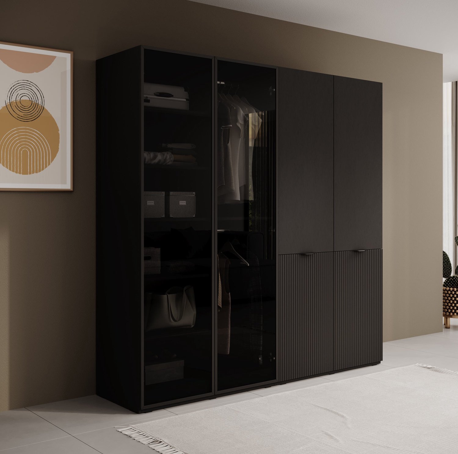 MEUBELLA Kledingkast Shelton - Zwart 3 - 202 cm - Met glas