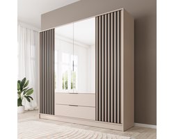 Meubella - Kledingkast Nairobi - Beige - Zwart - 206 cm - met spiegel