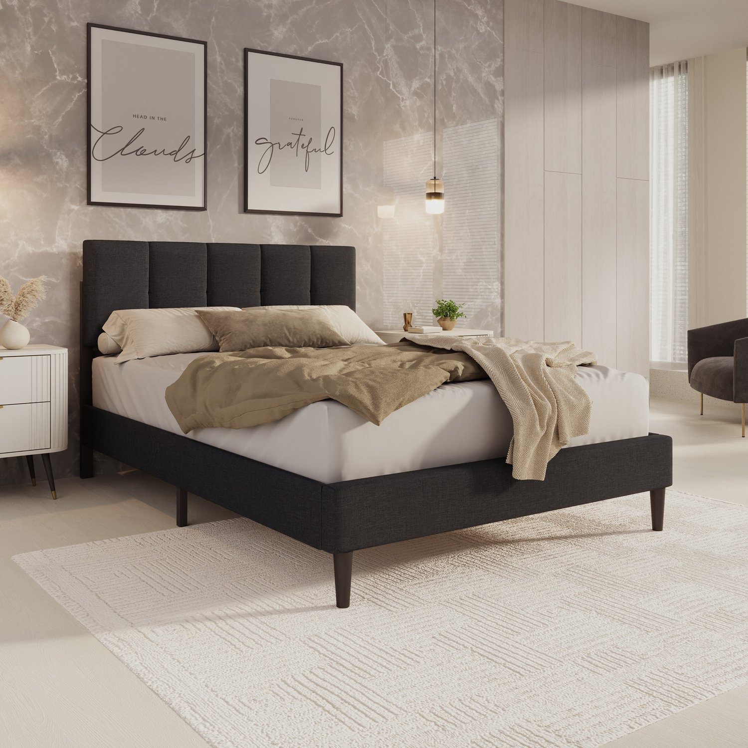 MEUBELLA Varell - Tweepersoonsbed - Stof zwart - 140x200 cm