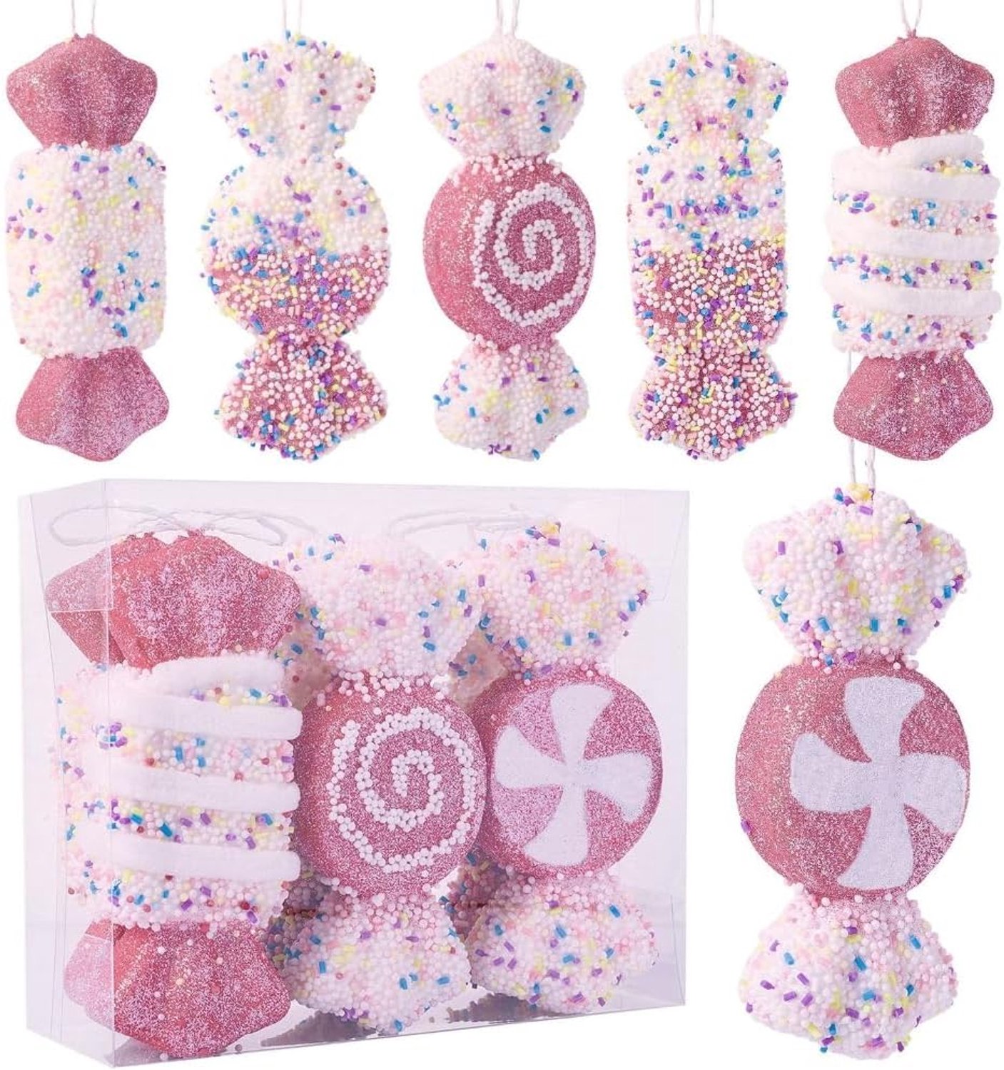 FLITI Kerstboomversiering Snoepjes - Roze Witte Kersthangers met Kralen Details - Snoepvorm Kerstornamenten voor Kerstboom, Kerstkrans en Feestdecoratie - 15 cm - 6 Stuks
