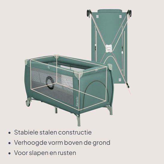 Groen Lionelo reisbedje met een stabiele stalen constructie, geschikt om te slapen en te rusten.