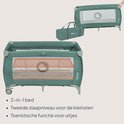 Groen 2-in-1 Lionelo reisbedje met tweede slaapniveau voor baby's, ideaal voor op reis.