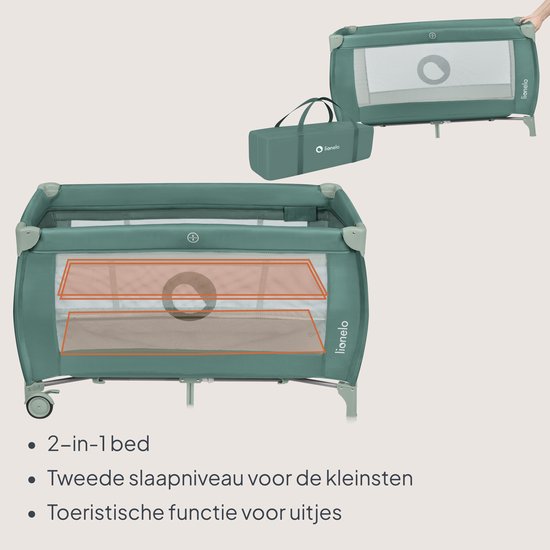 Groen 2-in-1 Lionelo reisbedje met tweede slaapniveau voor baby's, ideaal voor op reis.
