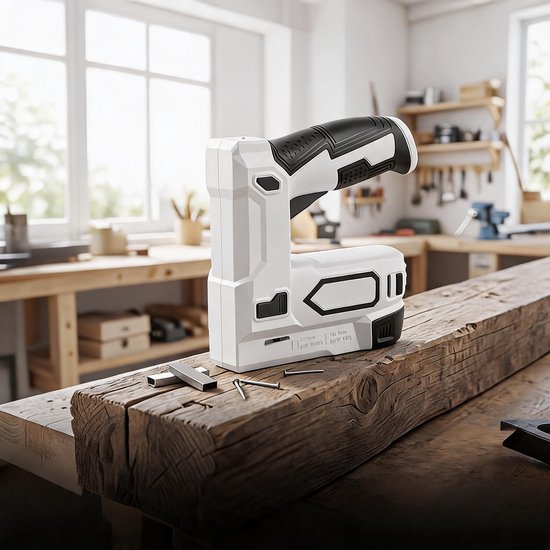 Wit-zwart nietpistool op een rustieke houten balk met een paar nietjes en spijkers ernaast.