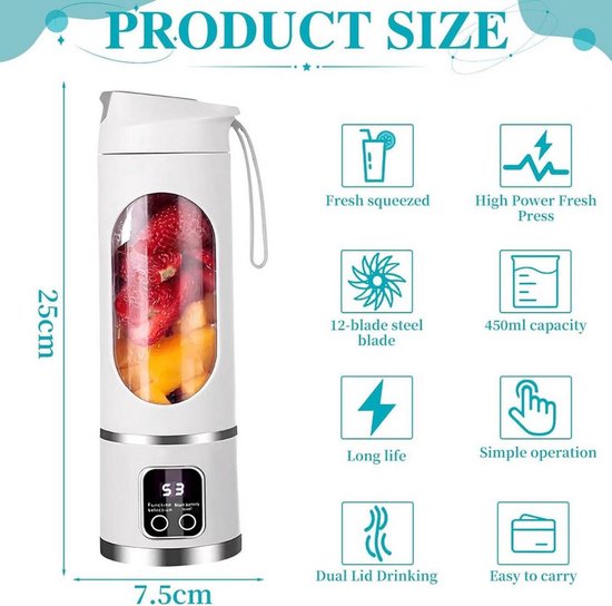 geschikt voor draadloze, draagbare sapcentrifuges, 12 messen, 450 ml inhoud, USB-C-batterij, 12000 toeren per minuut. — afbeelding 2