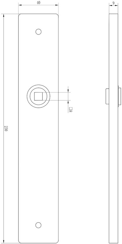 Technische tekening van een rechthoekig deurschild met een 8mm krukstiftgat en 230mm lengte.