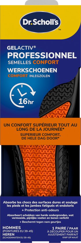 Dr. Scholl professionele inlegzolen voor heren, oranje met zwart, met 16 uur comfort vermelding.