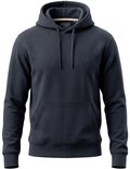 Donkerblauwe hoodie met capuchon, trekkoorden en een kangoeroezak. Een klein geborduurd Superdry logo op de borst.