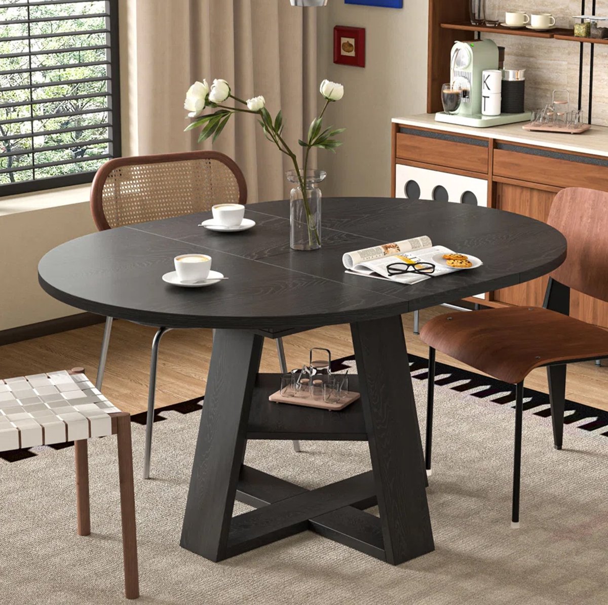 MODFU Uitschuifbare Eettafel - Opbergplank - Voor 4-6 Personen - MDF - Zwart - 150 X 110 X 75 Cm