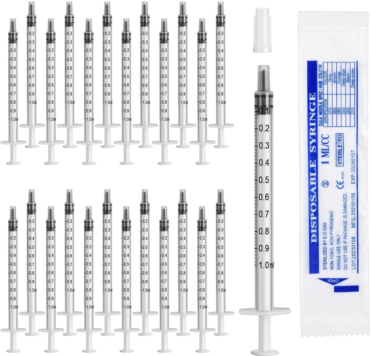 24 stuks 1ml spuiten zonder naald voor het doseren van vloeistoffen, ideaal voor laboratoria en plantenverzorging, met dop en nauwkeurige meting
