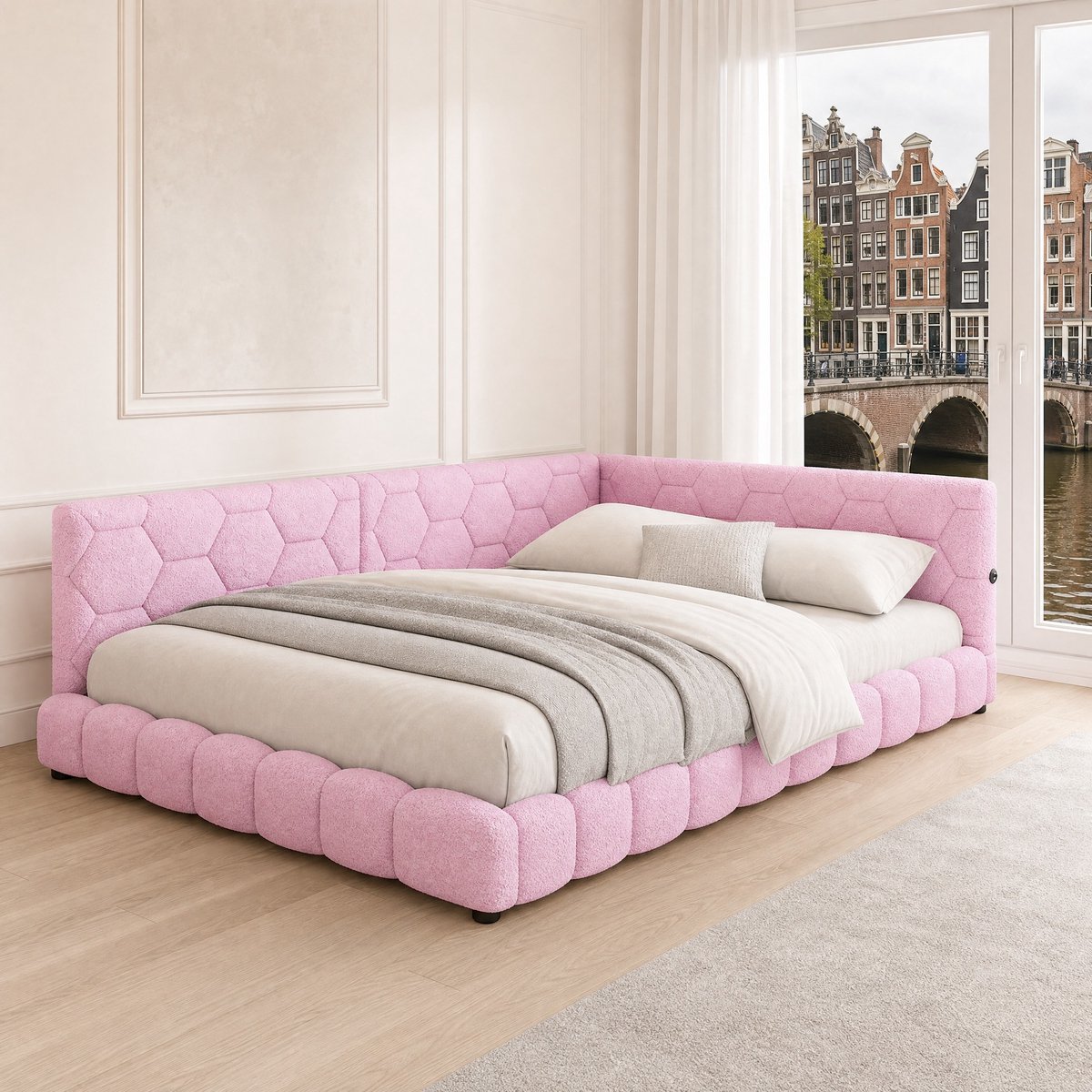 WUVRIE Slaapbank 140x200 cm met lattenbodem, 16-kleuren-LED, USB en Type-C, roze, zonder matras