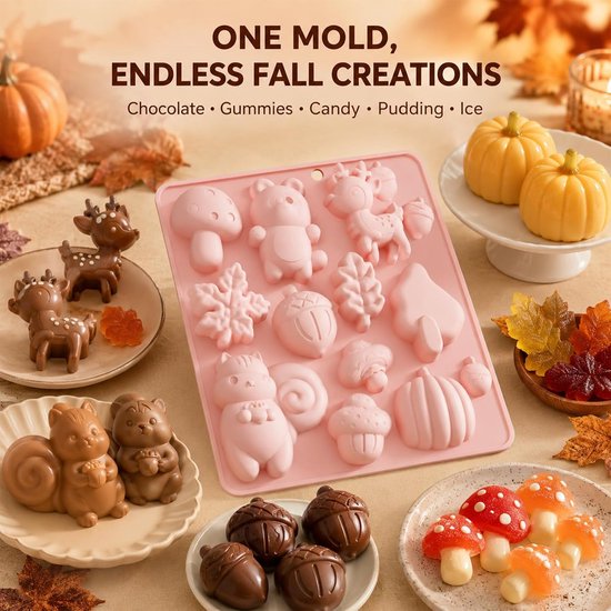 Mallen, 6 motieven: eekhoorn, hert, , paddenstoel, blad, pompoen, gietvorm voor cake, chocolade, zeep, ijs, multifunctioneel, herbruikbaar, robuust — afbeelding 5
