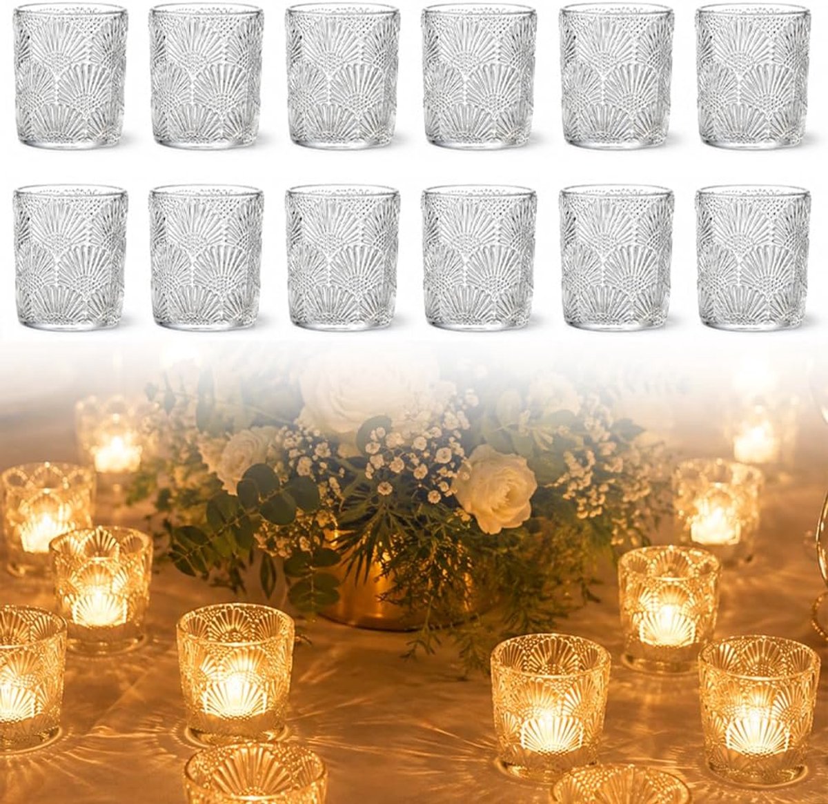 Theelichthouders glas, 12 stuks kandelaars glas, ginkgoblad patroon