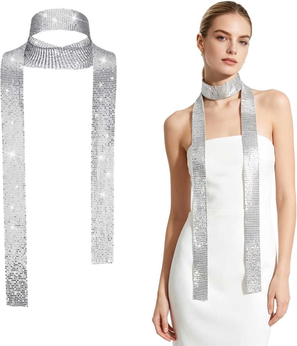 Sjaal, Pailletten Sjaal Y2K Smalle Stropdas of Sjaalriem, Glinsterende Festivalaccessoires voor Dames, Lichtgewicht Glittersjaal