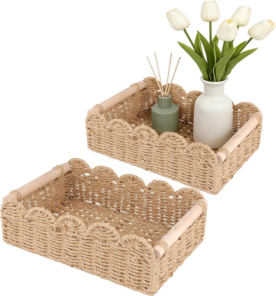 Set van 2 gevlochten opbergmanden voor de badkamer met houten handgrepen, rotan organizermand in boho-stijl, toiletpapiermand voor handdoek, slaapkamer, woonkamer