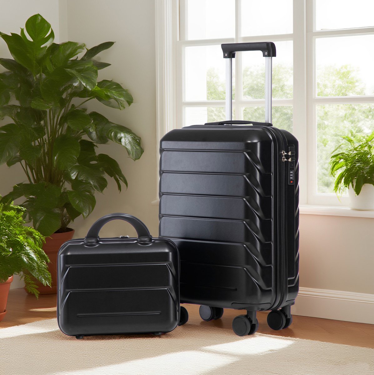 MEUNIQ 2-delige ABS kofferset met harde schaal 19 inch, 14 inch afneembare cosmetische tas, cijferslot, 4 zwenkwielen en verstelbare trekstang, zwart