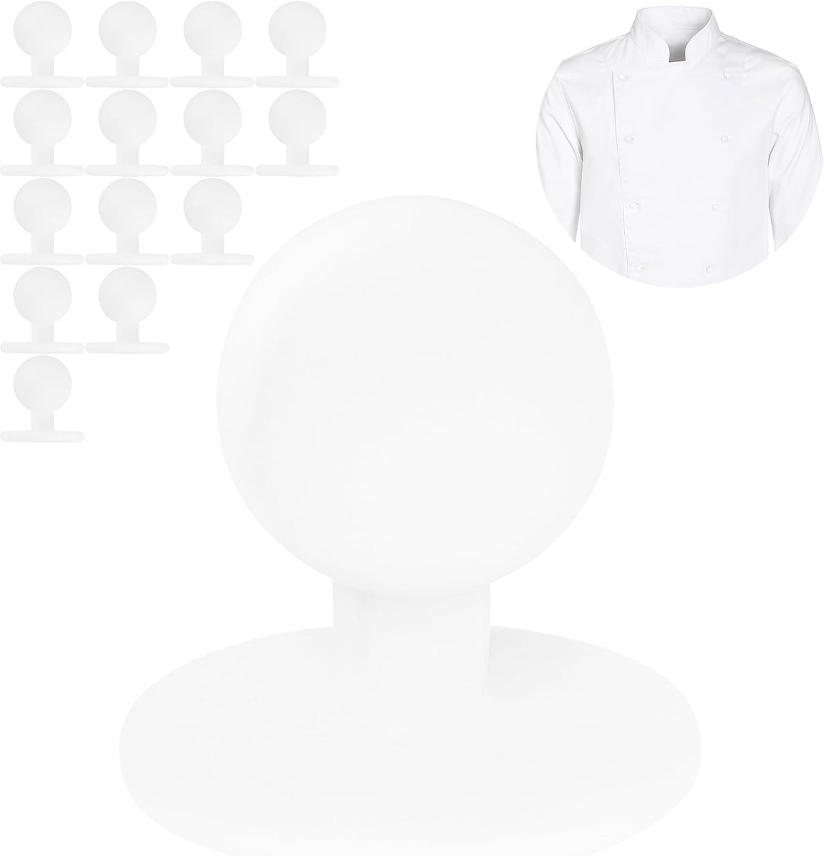 Knopen voor koksjassen, 15 stuks, in wit, 19 x Ø 12,5 mm buitenkant, koksknopen uniform, bolletjesknoop koksjas, koksknopen jas keukenchef, motief knopen set, ronde hoofdknopen werkkledingknoop