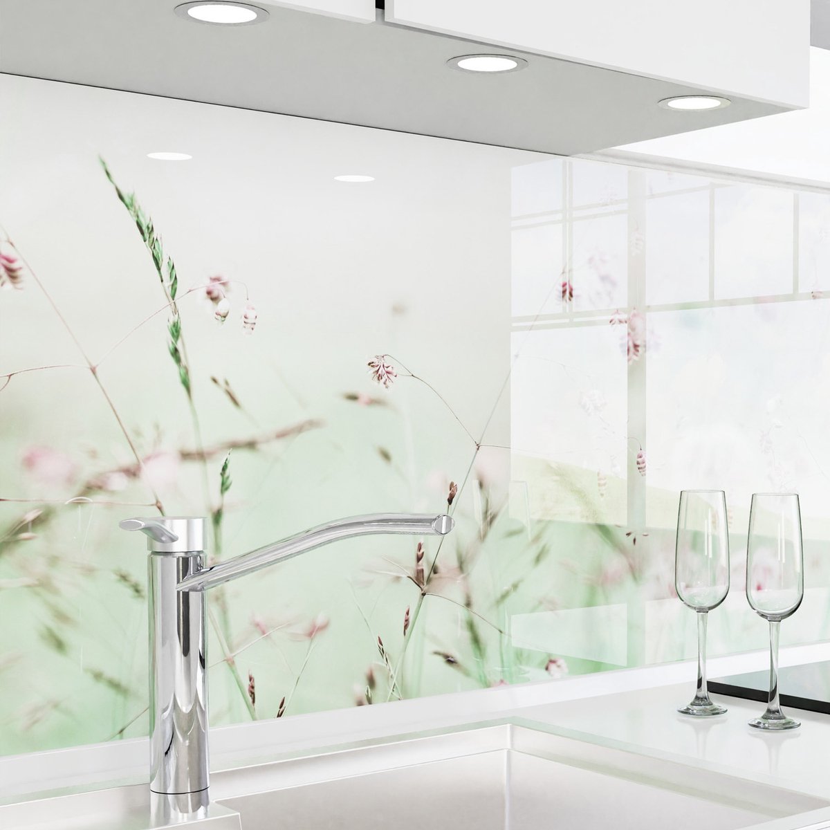 Keuken achterwand zelfklevend – Glaslook – Spatscherm keuken – Verstevigde PET folie – Spatwand fornuis – Muurbeschermer – 0,80 mm - Bloemenweide - 500 cm x 80 cm