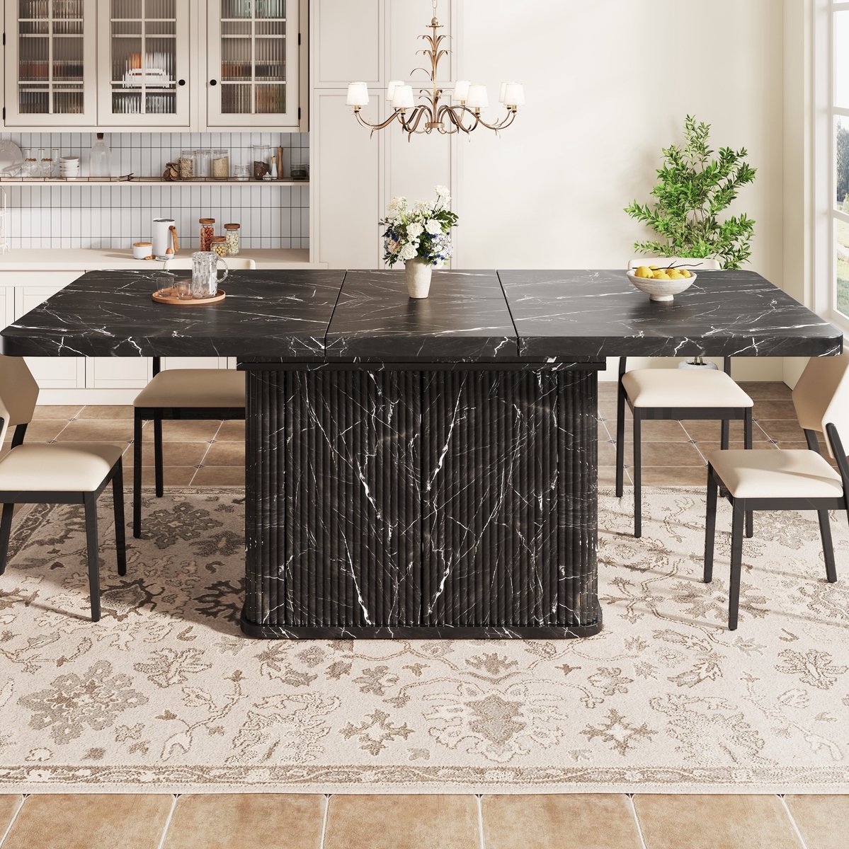 FloraGrace Eettafel - Uitschuifbaar met Verborgen Opbergruimte - Voor Eten en Werken - MDF en Metaal - Zwarte Marmerlook - 140 tot 180 x 80 x 76,5 cm