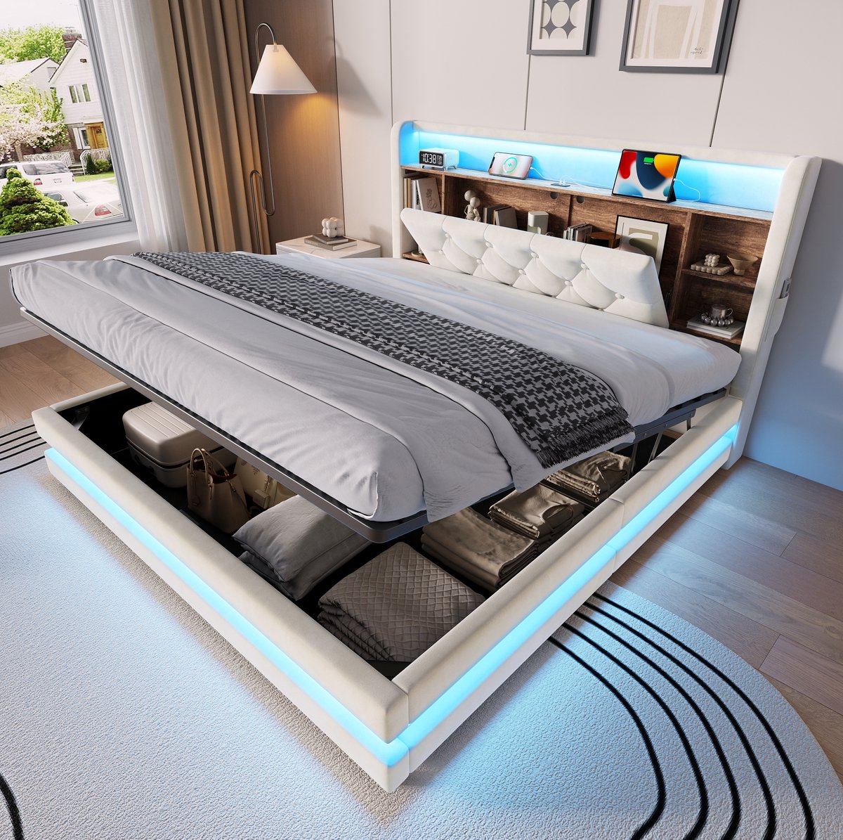 MODENUIT Gestoffeerd Bed - Opbergruimte - 140 x 200 cm - Fluweel - Beige - LED-verlichting - USB- en Type-C-poorten
