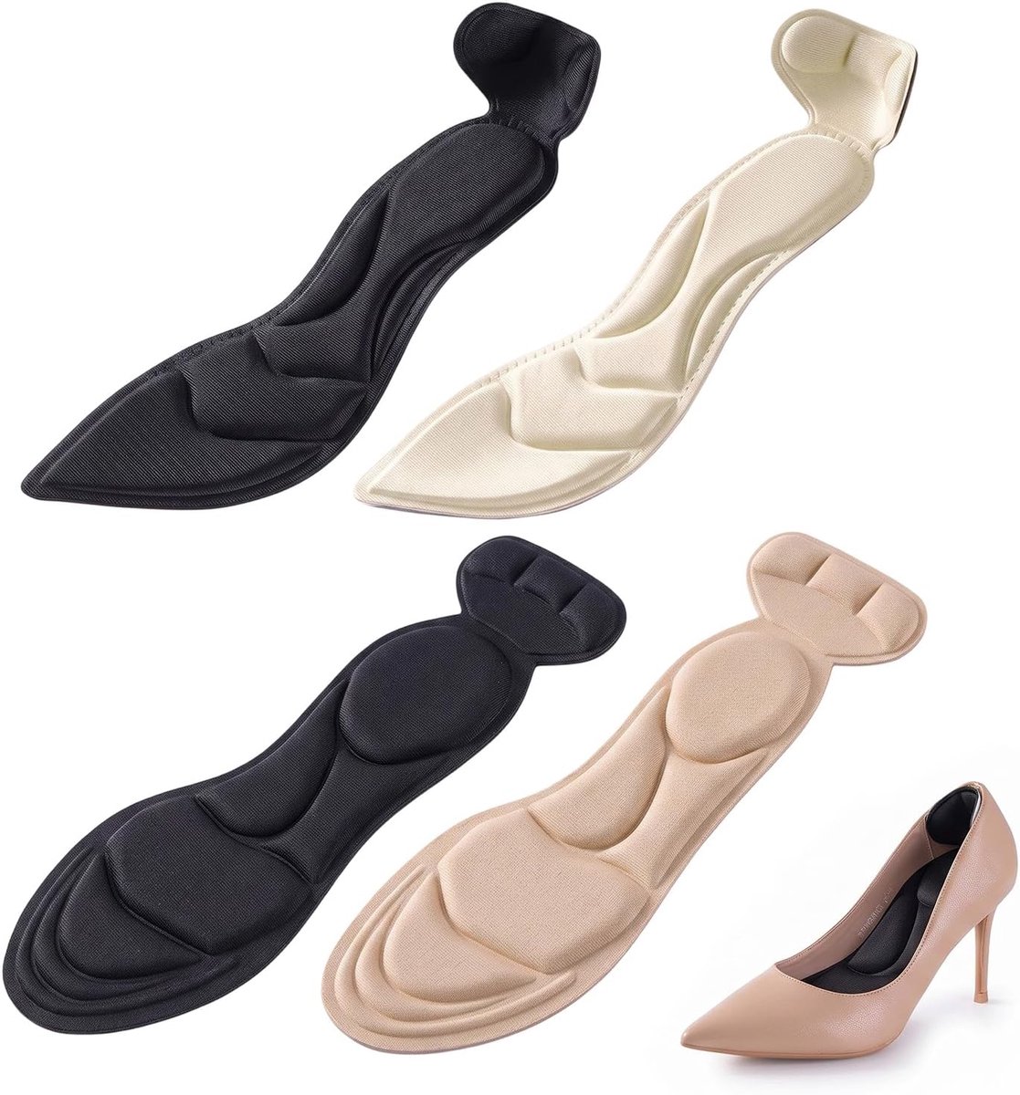 8 stuks 4 paar inlegzolen voor dames voor hoge hakken, 2-in-1 inlegzolen, antislip en bubbelvrij, hielkussen en voorvoetkussen voor woonkamer, zwart/beige