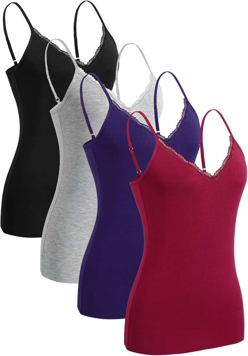 Kanten onderhemd voor dames, spaghettibandjes, tanktop, verstelbare V-hals, onderhemden, verpakking van 4 stuks