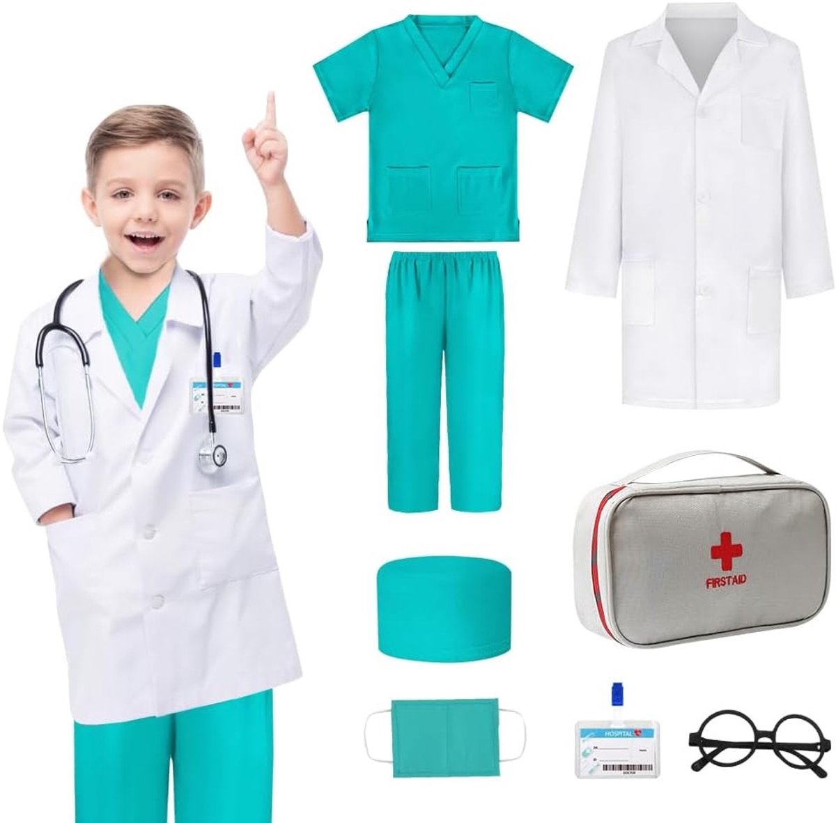 Dokterskostuum voor Kinderen met Stethoscoop en Medische Set - Rollenspel Kostuum voor Halloween en Verjaardagen voor Meisjes van 5 tot 10 Jaar, 130 cm