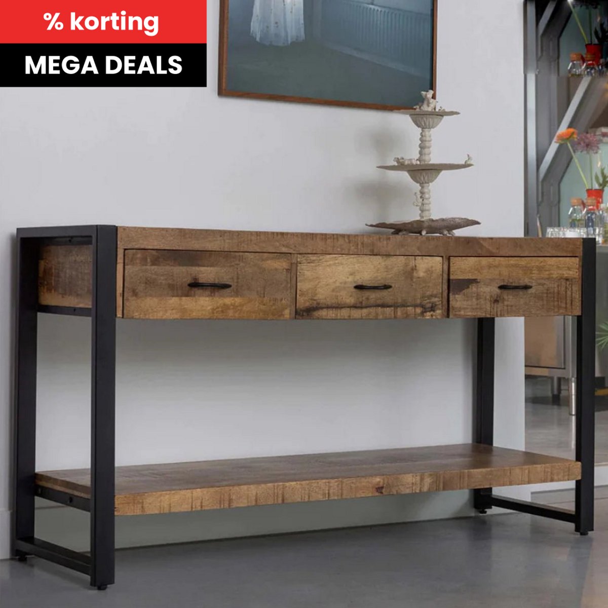 Mahom Mangohouten Sidetable Britt 3 lades Mahom Industrieel - Kleine tafel van Mangohout & Metaal - Industriële Huiskamertafel Bruin