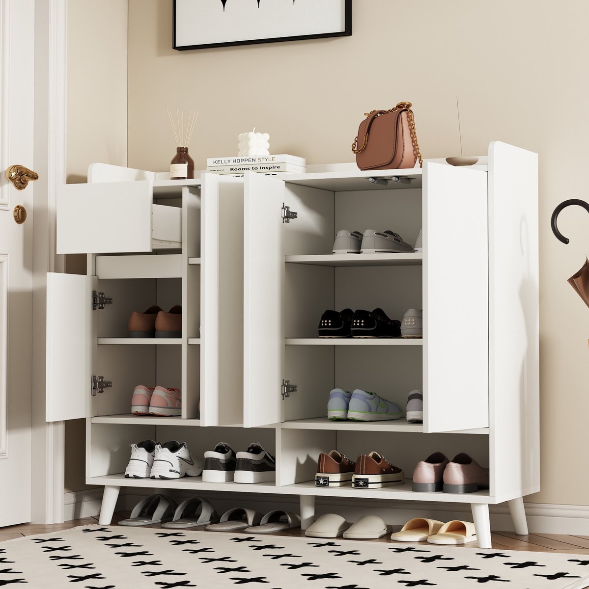 MEUNIQ Schoenenkast 120 x 35 x 99 cm met 4 deuren, 1 lade en verstelbare plank, wit opbergkast met kantelbeveiliging voor hal en woonkamer