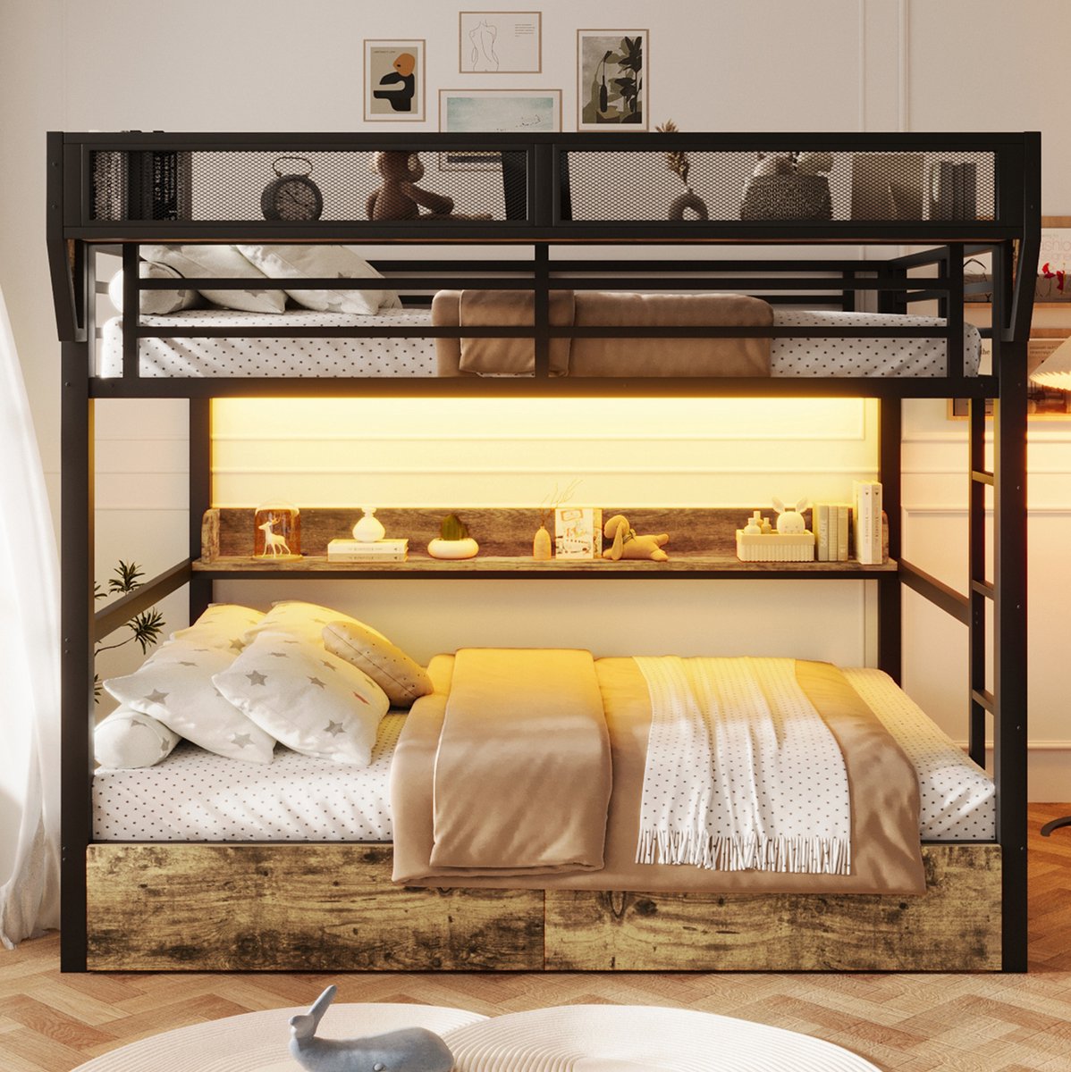 MEUNIQ Stapelbed 140x200 cm met LED-verlichting, legplanken, opbergmand en 2 lades, metalen bedframe met MDF-details voor slaapkamer, zwart