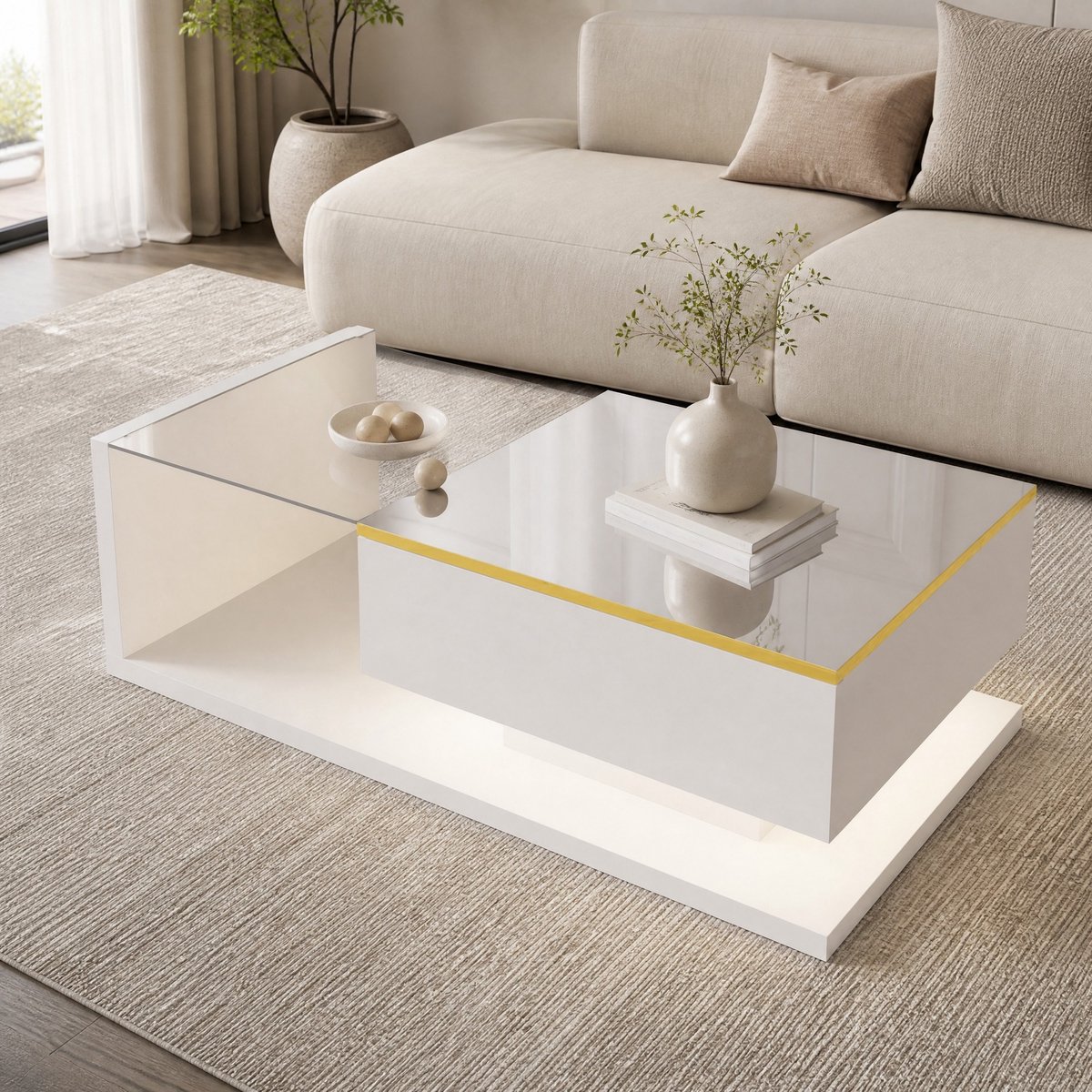 MEUNIQ Salontafel 100 x 50 cm met glazen blad, dimbare LED-verlichting met 16 kleuren, open opbergruimte voor woonkamer, hoogglans wit
