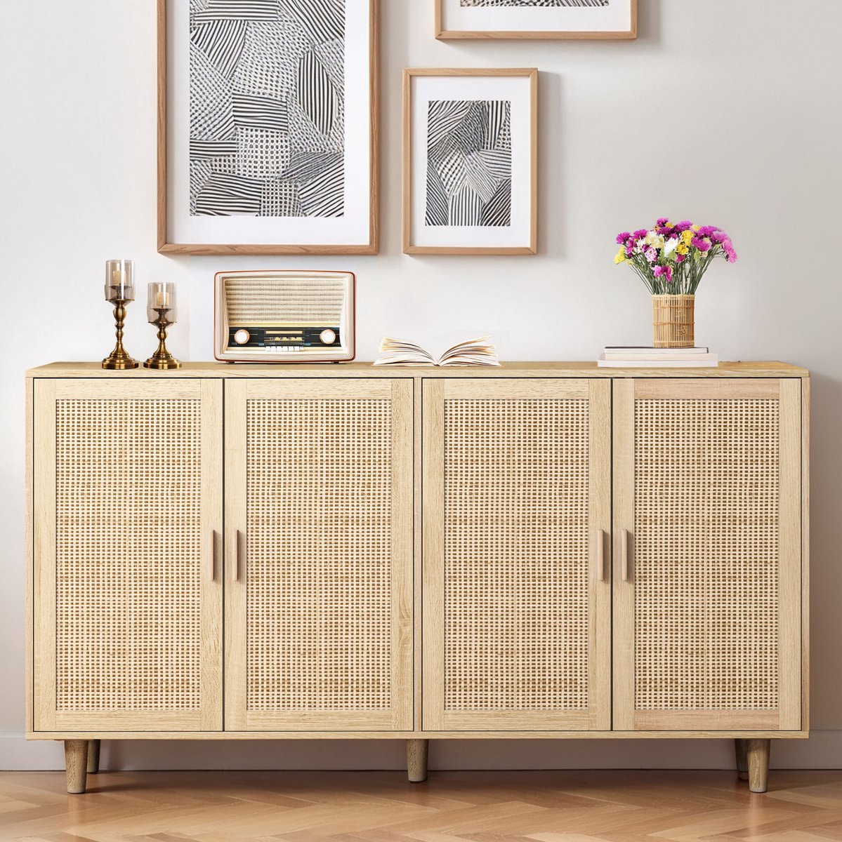 MEUNIQ Dressoir 158 x 40 x 88 cm met 4 rotan deuren, verstelbare plank en opbergruimte voor woonkamer, slaapkamer of kantoor, naturel