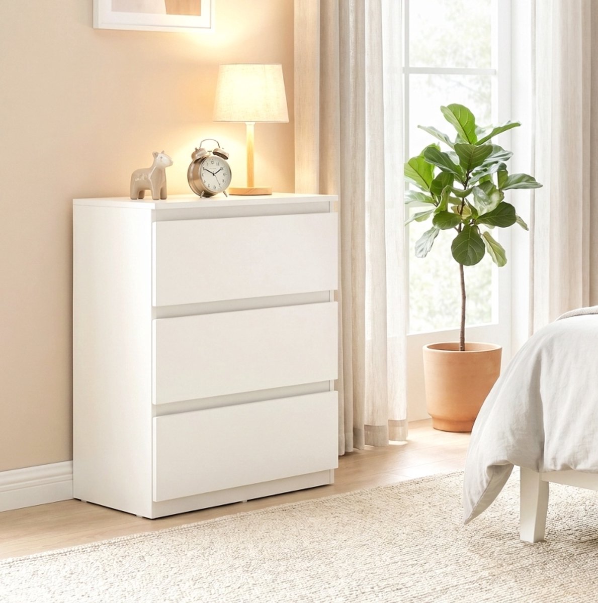 DESMIU Kommode – Drie Greeploze Lades – 75 x 55 x 34 cm – Spaanplaat Met Melamine – Wit – Slaapkamer – Anti-Kantelriemen