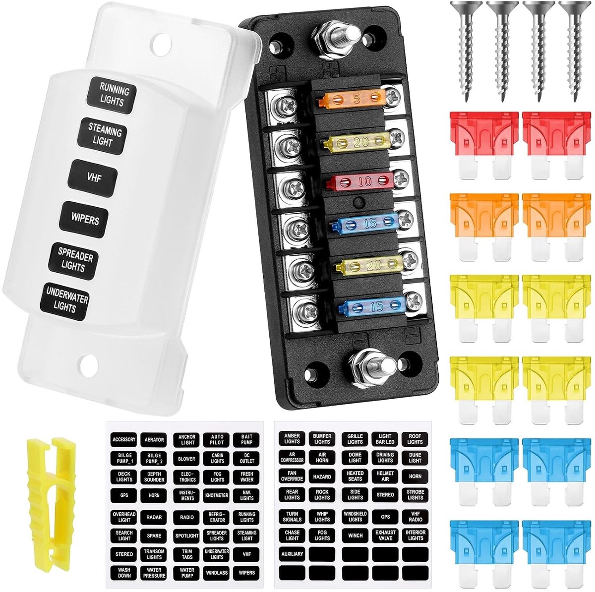 12V Zekeringdoos met 6 Wegen, ATC/ATO Zekeringhouder inclusief 5A, 10A, 15A, 20A Autozekeringen, Stofdichte Deksel en Stickers voor Boot, Vrachtwagen, RV en Caravan