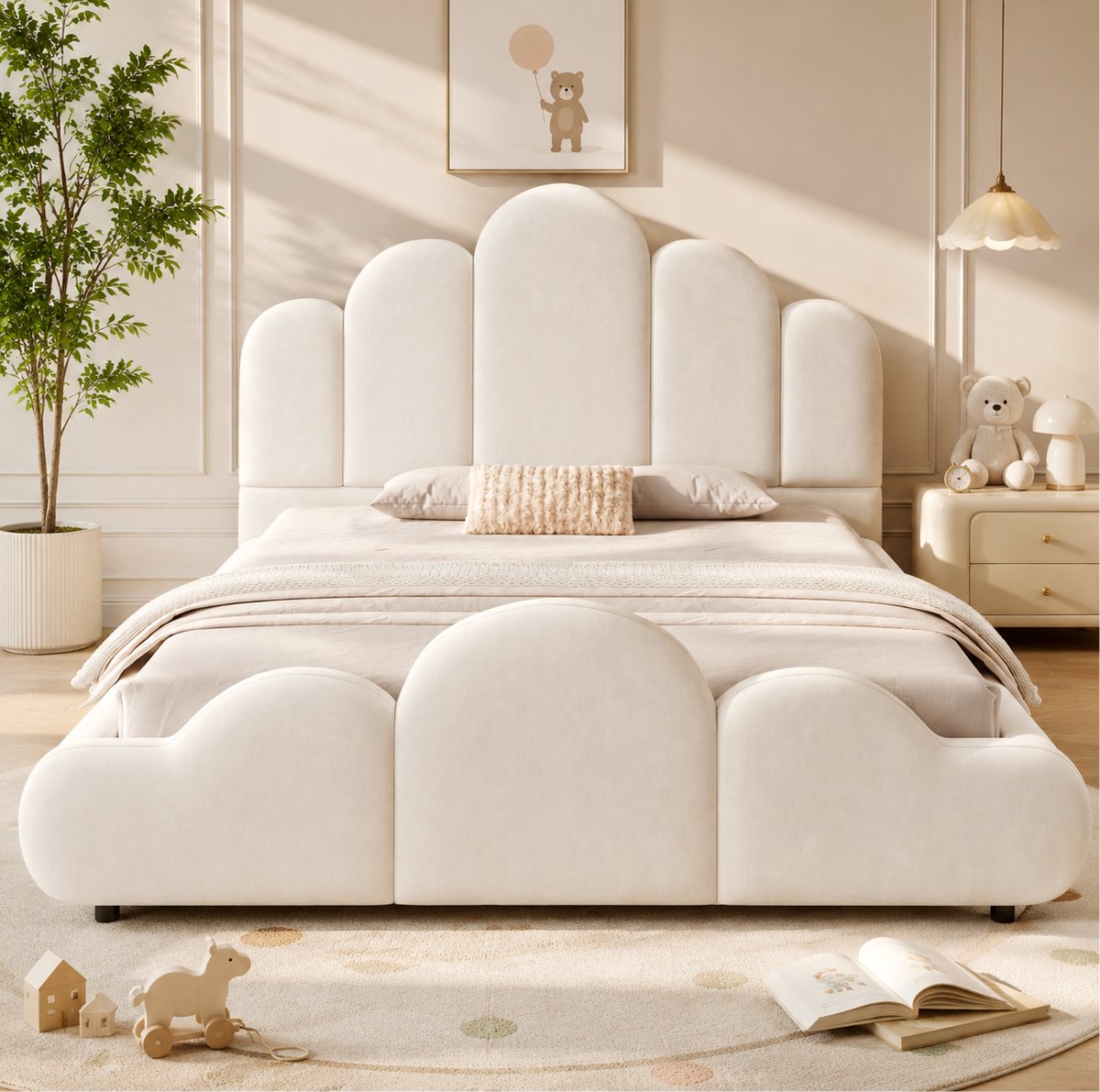 MODENUIT Kinderbed – 140 x 200 cm – Lattenbodem – Velours – Beige – Afgeronde Hoeken – Gestoffeerde Uiteinden