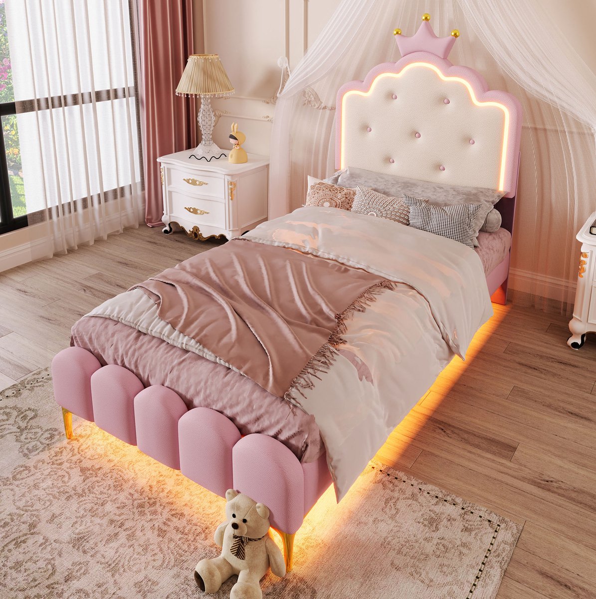 MEUNIQ Prinsessenbed 90 x 200 cm met lattenbodem, LED-ambianceverlichting en afstandsbediening, roze kunstleren bedframe voor slaapkamer
