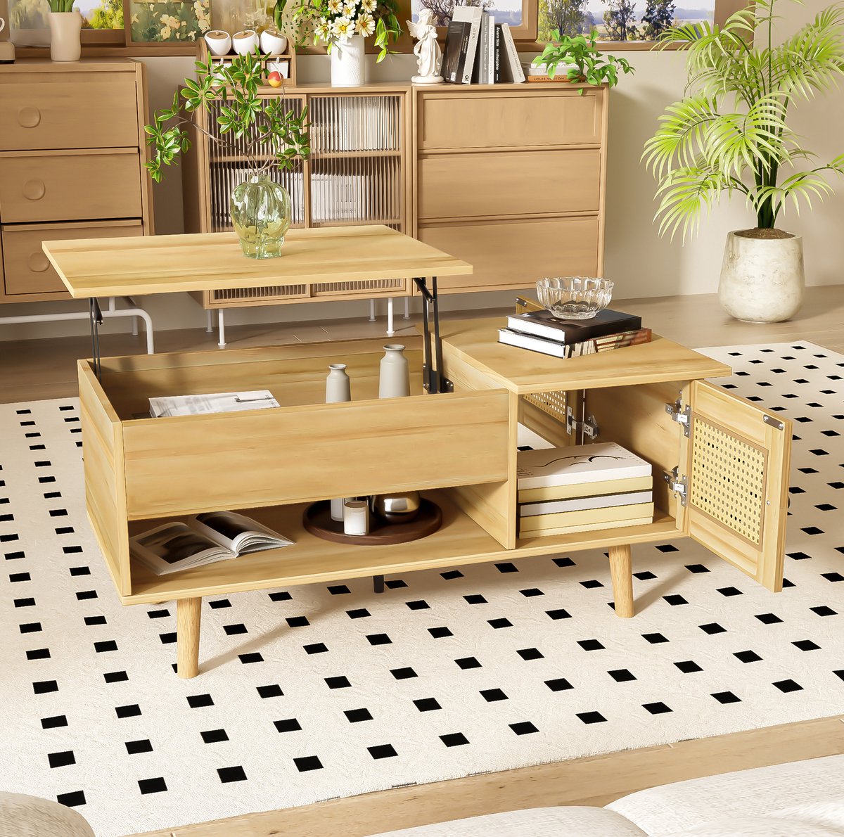 MEUNIQ Salontafel 103 x 50 cm met hefbaar tafelblad, opbergruimte en deuren met rotanlook, naturel en zwart, voor woonkamer en thuiswerkplek