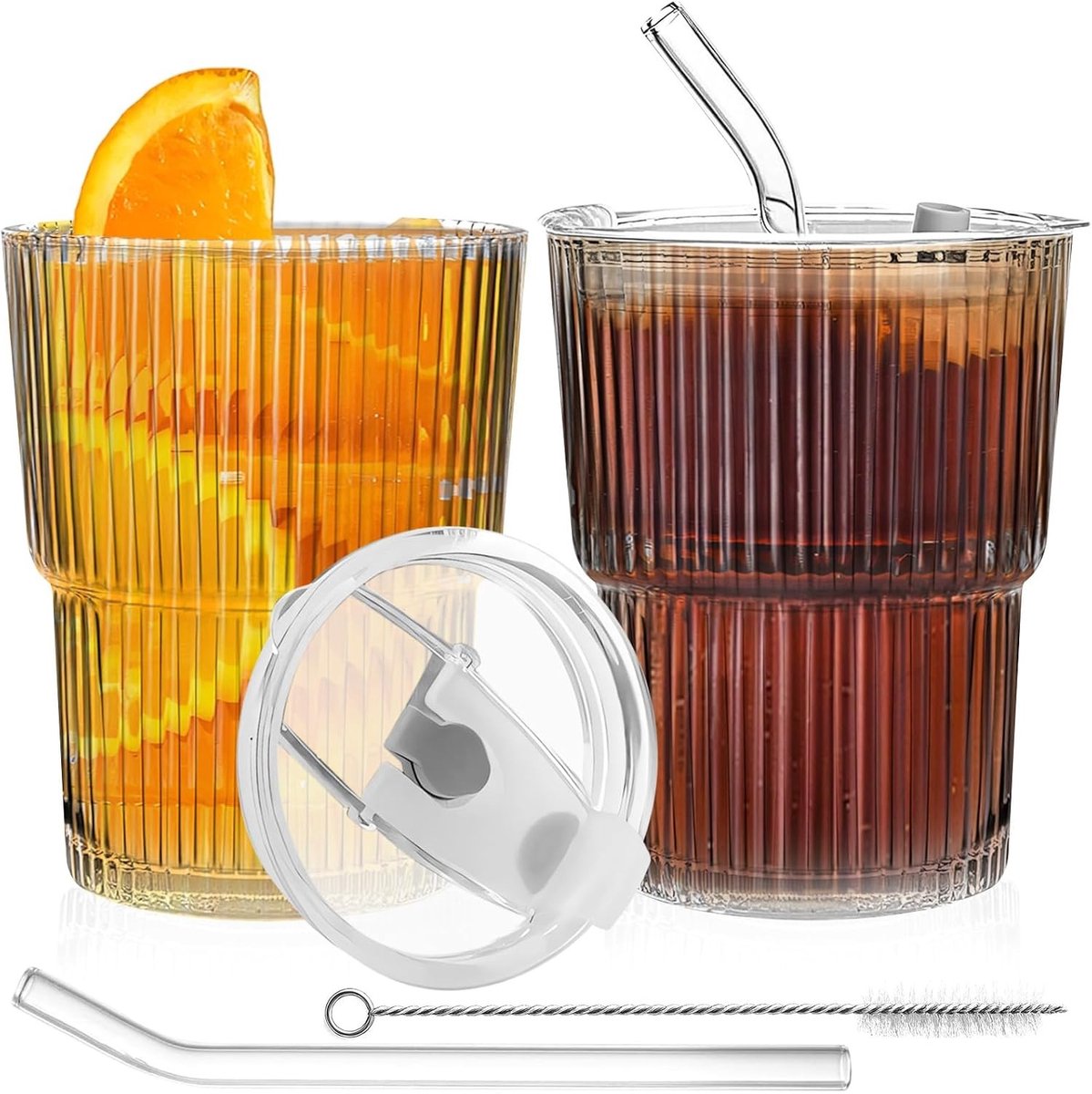Set van 2 glazen iced coffee mokken, 380 ml drinkbekers met deksel en glazen rietje, lekvrij, ideaal voor iced coffee, milk tea en cocktails