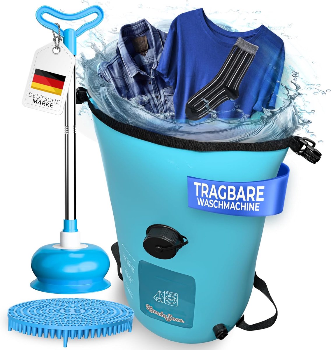 Draagbare Wasmachine Zonder Elektriciteit, Opvouwbare Wastas met Plunjer en Wasbord, 30L, voor Camping en Reizen