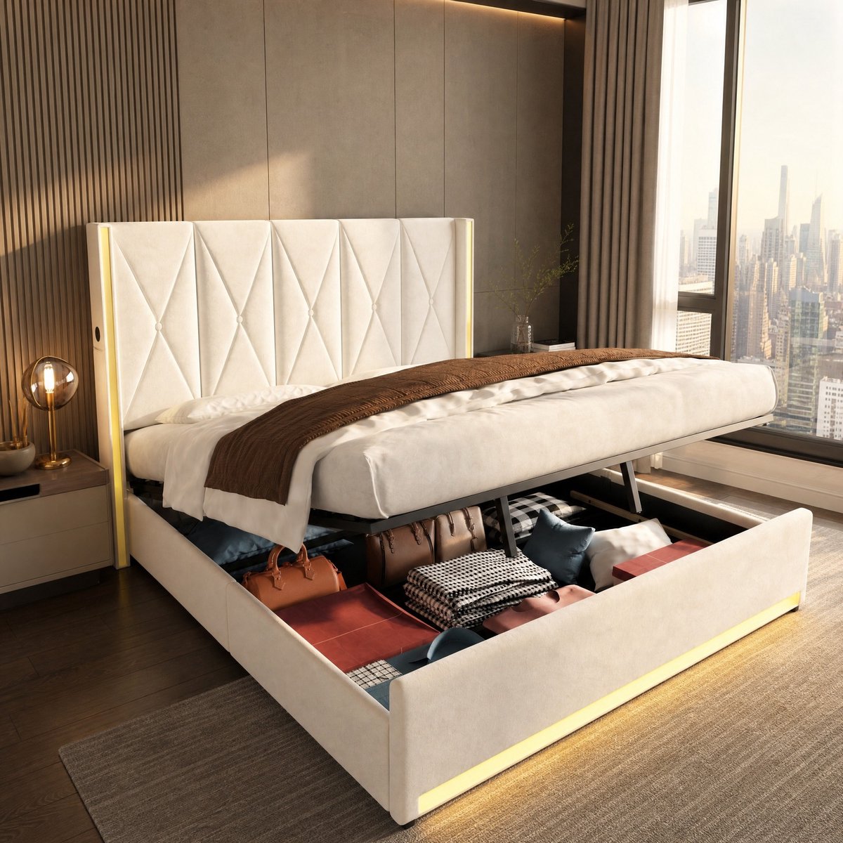 MEUNIQ Tweepersoons opbergbed 180x200 cm met velours bekleding, hoog gestikt hoofdbord, zijvakken, USB/Type-C, LED en hydraulische lattenbodem – beige