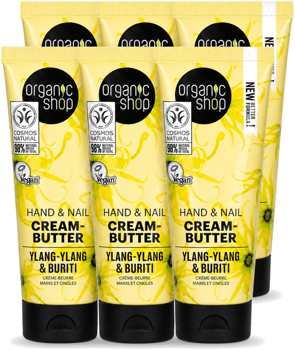 6 x Organic Shop - Ylang-Ylang & Buriti Hand & Nail Cream - Verzachtend en Herstellend - 75 ml - Voordeelverpakking - 6 stuks