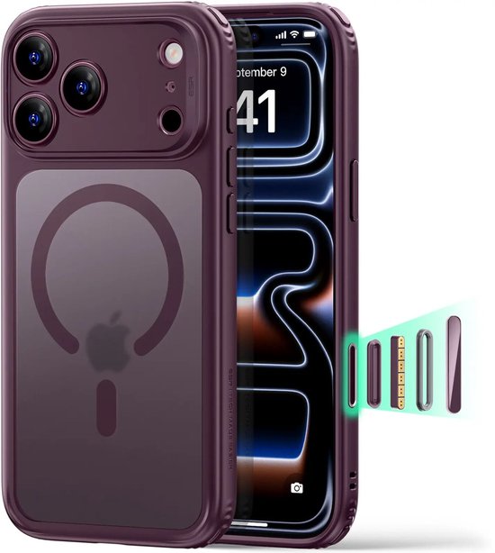 Coque ESR pour iPhone couleur lie-de-vin avec cercle MagSafe et appareils photo.