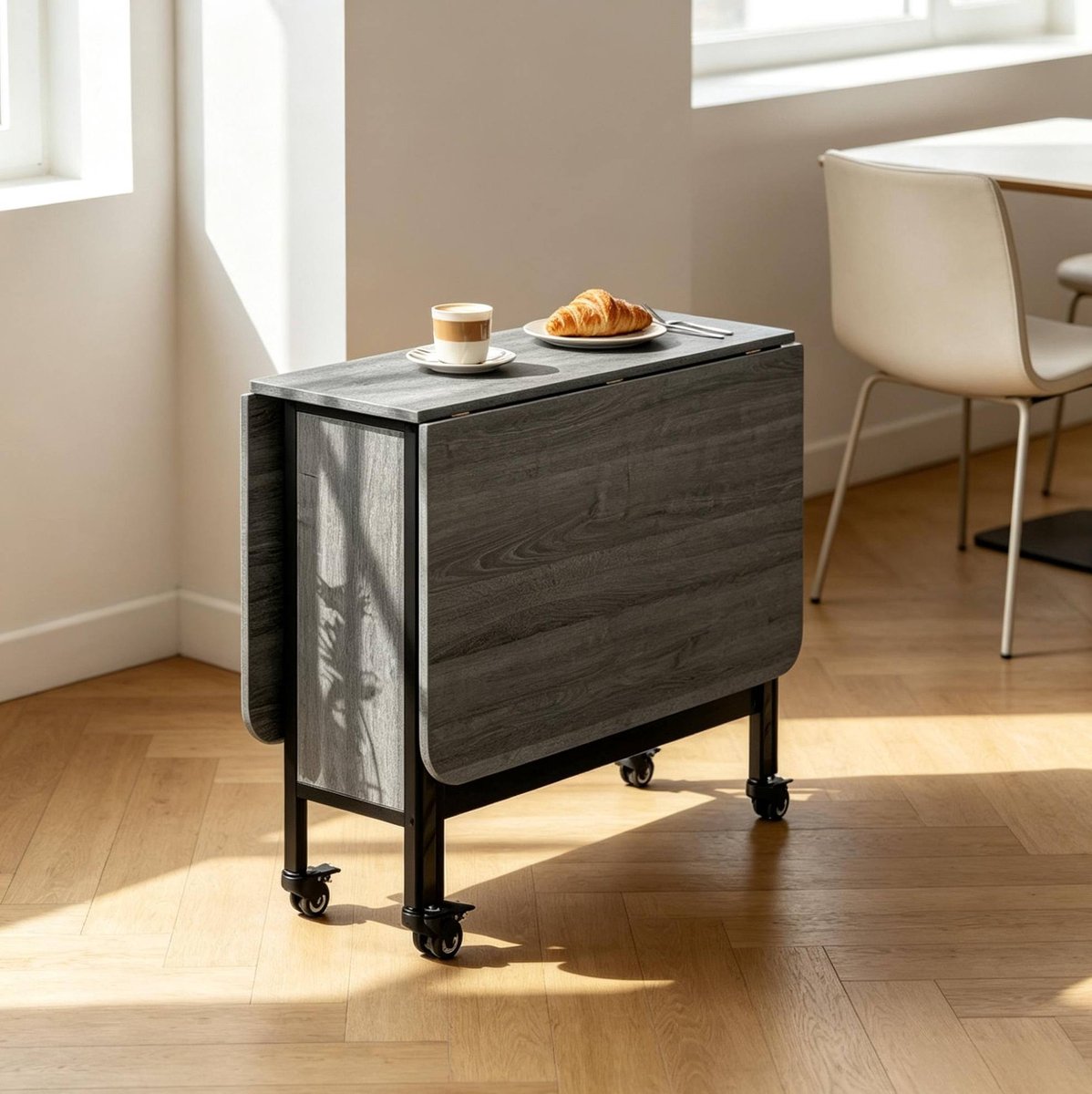 MODFU Uitklapbare Eettafel Met Wielen En Opbergrek - Grijs - 130 X 80 X 74 Cm