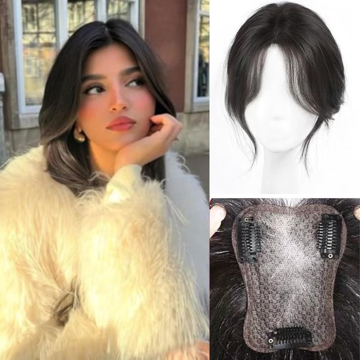 Natuurlijke Haar Topper voor Vrouwen, 360 Graden 3D Haarextensions met Franje voor Dun Haar, Zwart Stijl 1